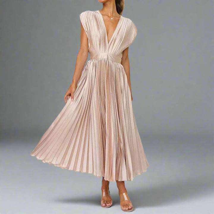 Elegante dames V-hals midi jurk, getailleerd met uitlopende rok, perfect voor feestjes en speciale gelegenheden.