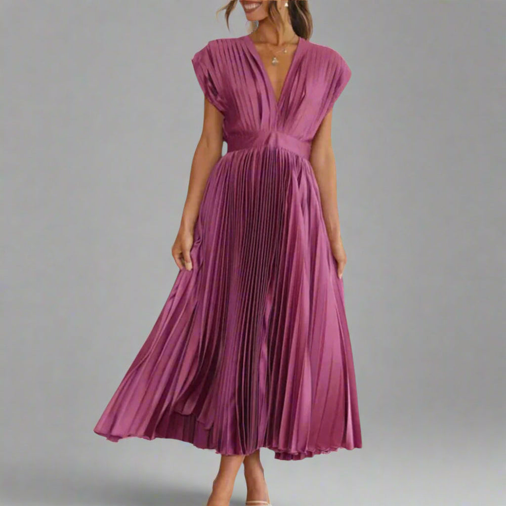 Chique getailleerde cocktailjurk met V-hals voor dames, een elegante midi feestjurk met een uitlopende rok.