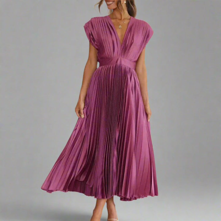 Chique getailleerde cocktailjurk met V-hals voor dames, een elegante midi feestjurk met een uitlopende rok.