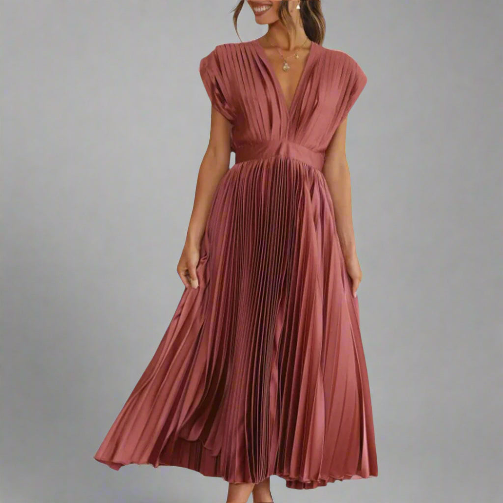Getailleerde dames midi jurk met V-hals en uitlopende rok, ideaal als elegante avondjurk of gala jurk.