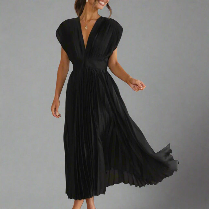 Verfijnde elegante dames V-hals jurk, midi lengte, getailleerd voor een chique look bij elk feest of evenement.