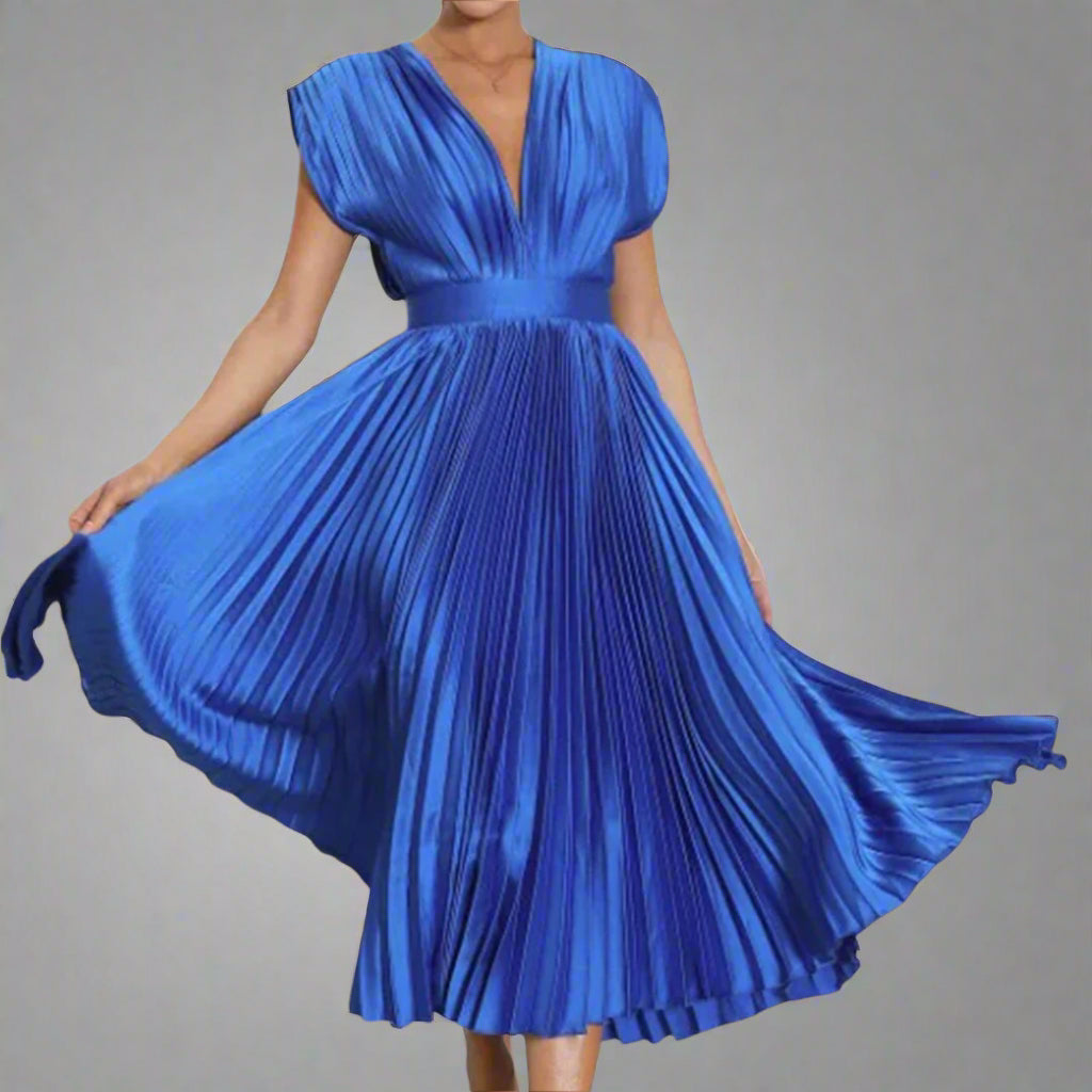 Dames feestjurk met V-hals en uitlopende midi rok, getailleerd voor een flatterend silhouet, zeer elegant.