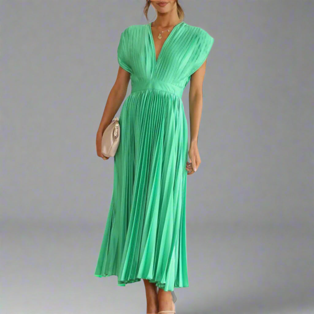 Stijlvolle dames V-hals midi jurk; een getailleerde, elegante feestjurk met uitlopende rok voor damesmode.