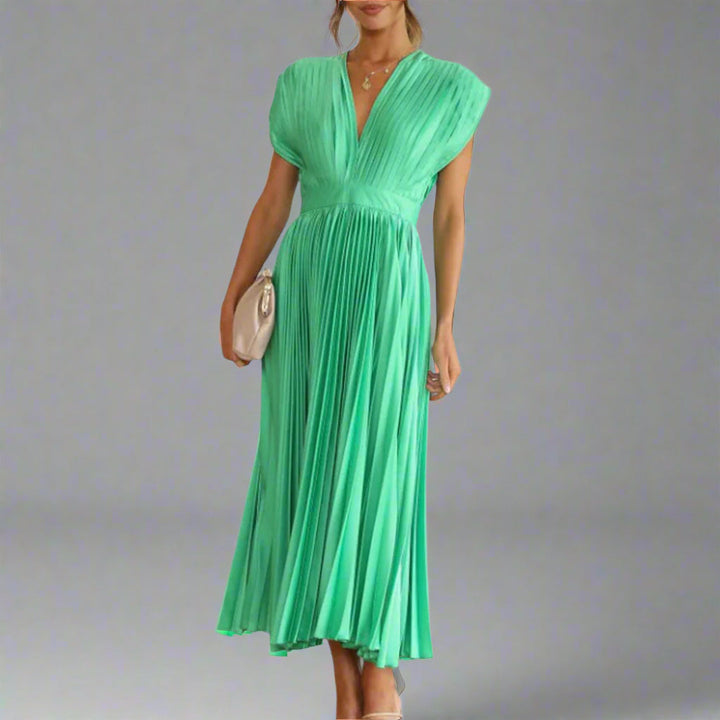 Stijlvolle dames V-hals midi jurk; een getailleerde, elegante feestjurk met uitlopende rok voor damesmode.