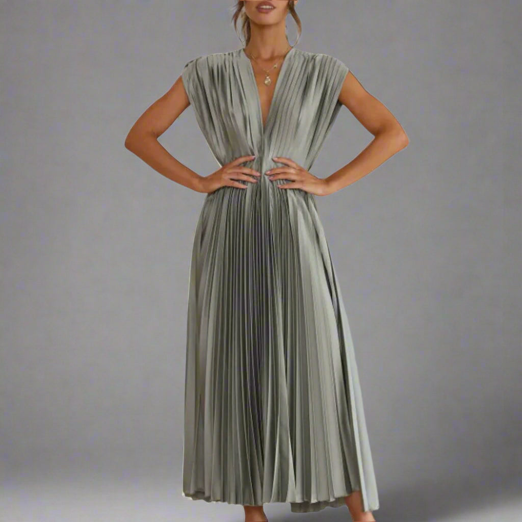 Prachtige dames midi feestjurk met V-hals, elegant getailleerd en een uitlopende rok, perfect voor gala avonden.