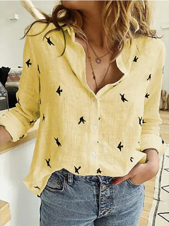 Elegante dames vintage blouse met bloemprint in Clara stijl, perfect voor lente en zomer. Comfortabel linnenmix overhemd.