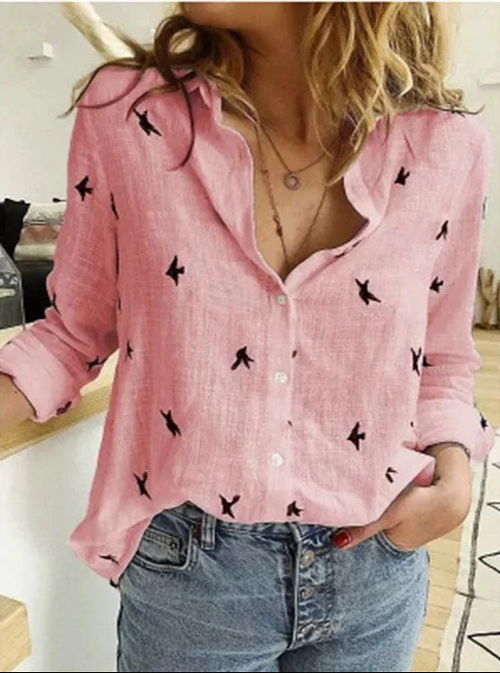 Casual dames vintage bloemprint blouse met lange mouwen, gemaakt van ademende linnenmix. Ideaal voor veelzijdig zomerkleding.