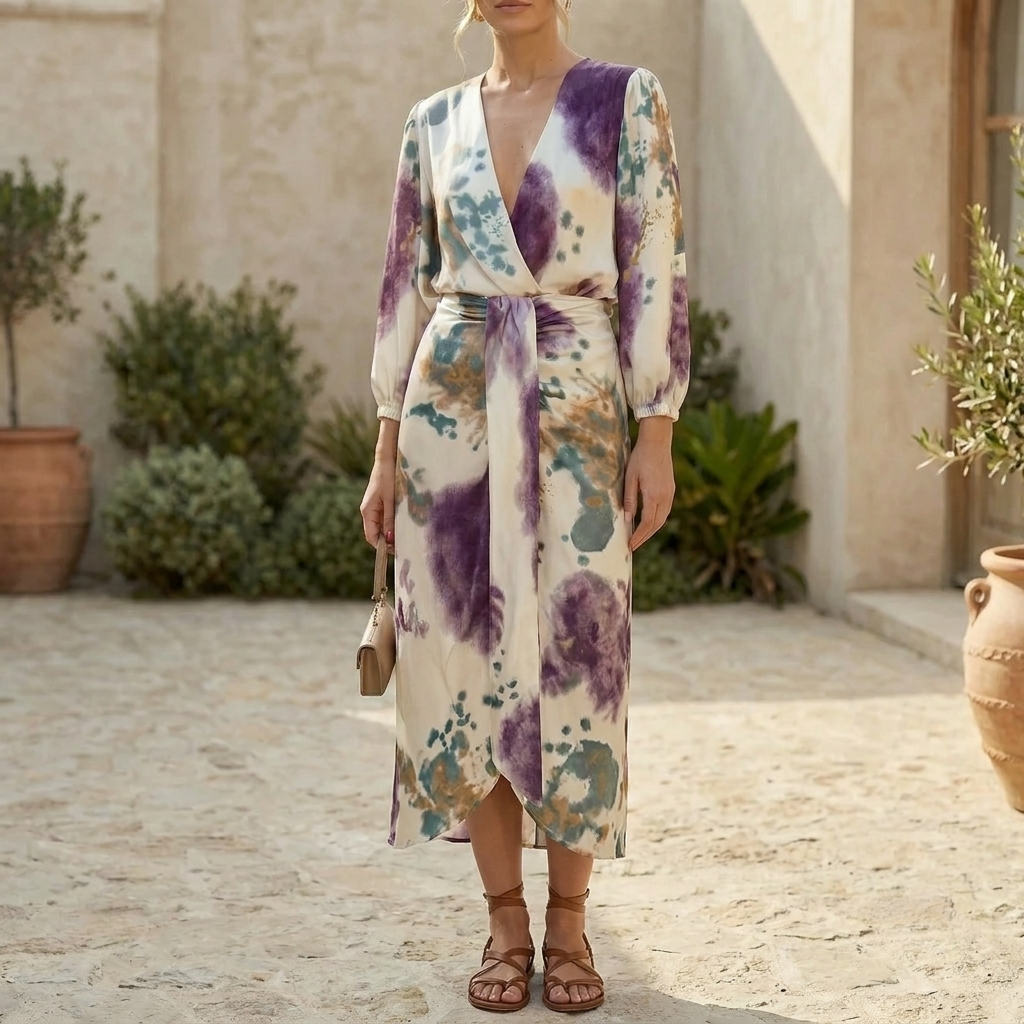 Elegante dames wikkeljurk met waterverf tie-dye print, lange mouwen en v-hals, ideaal voor zomer en lente.