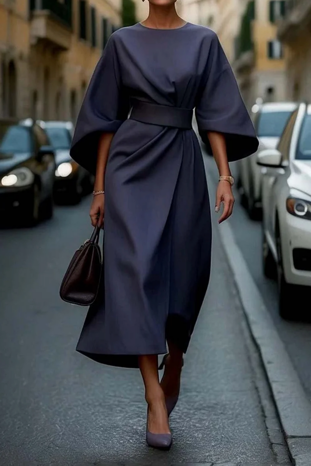 Flatterende dames midijurk met riem en wikkeldesign. Perfecte elegante lente/zomer jurk met kimono mouwen.