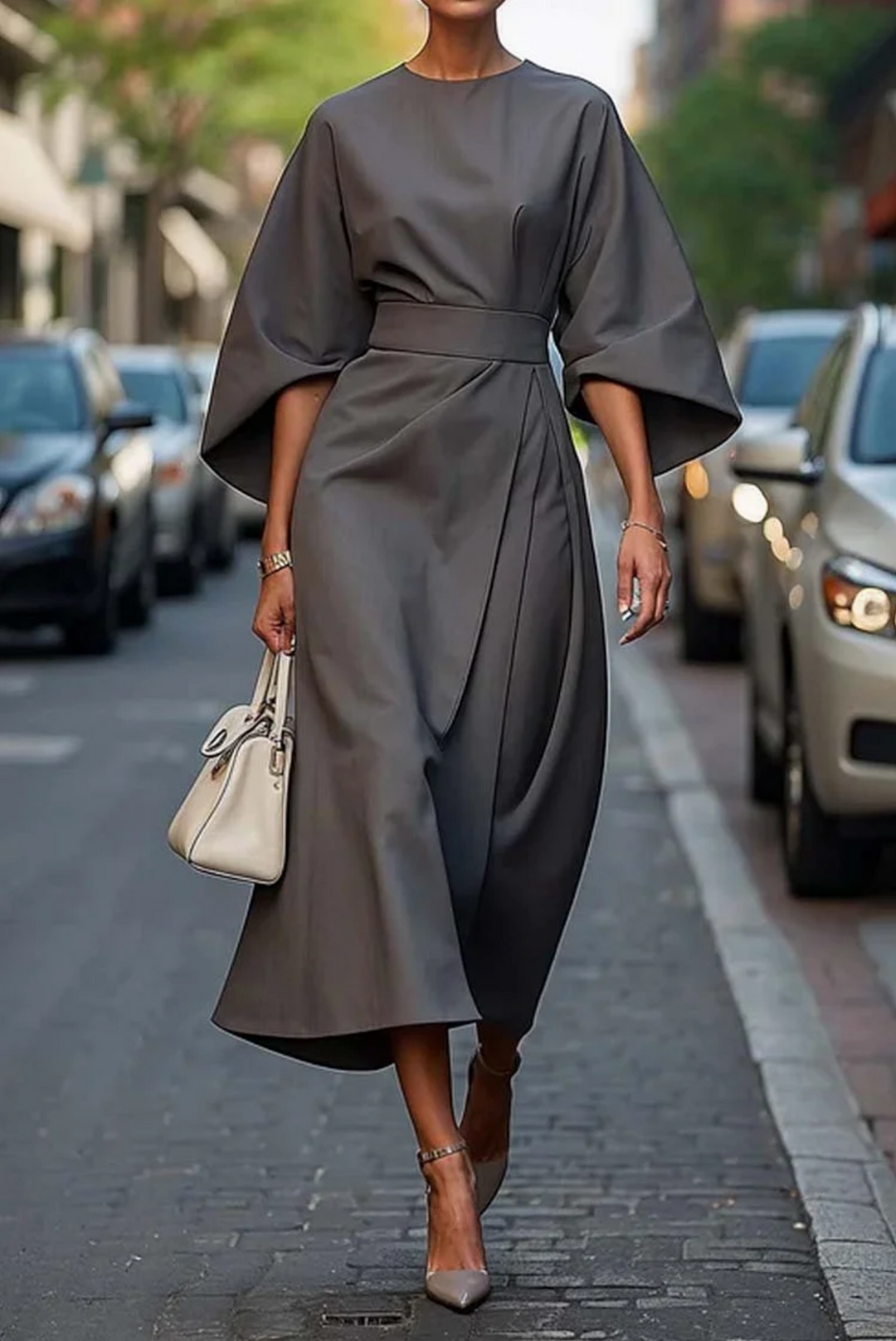 Stijlvolle dames jurk met riem, midi lengte en elegant wikkelontwerp. Ideaal als casual of feestelijke outfit.