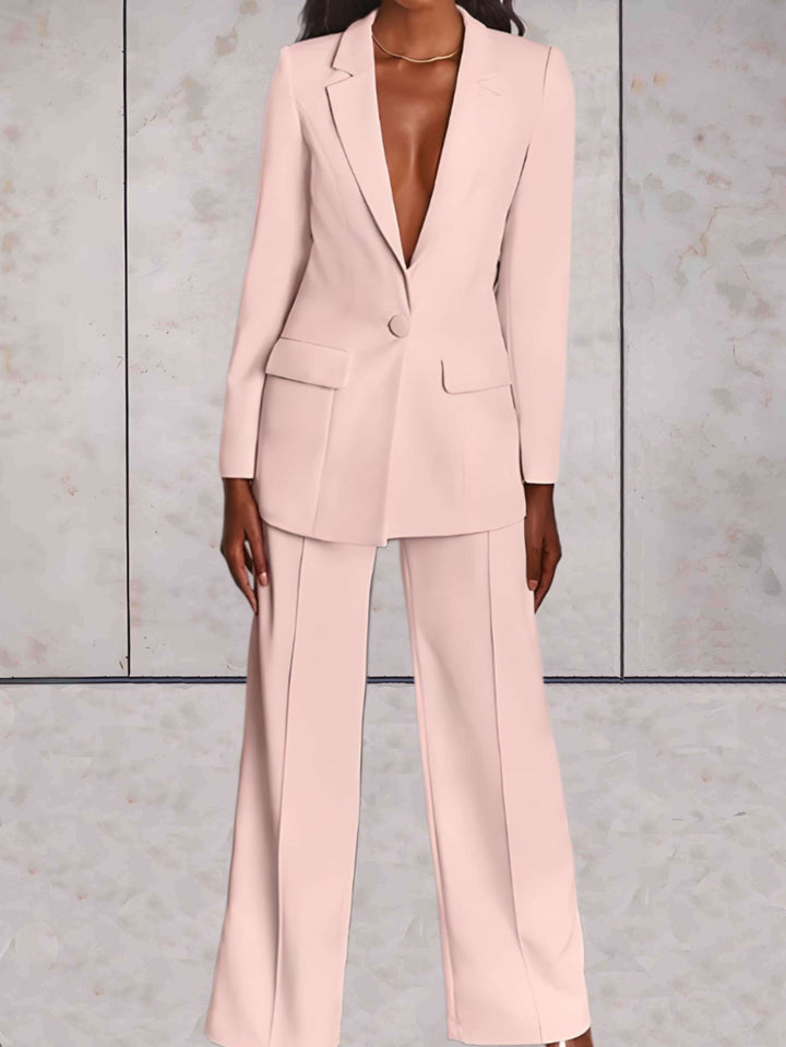 Dames business chic set Emilia met stijlvolle blazer en moderne wijde broek, perfect voor formele gelegenheden.