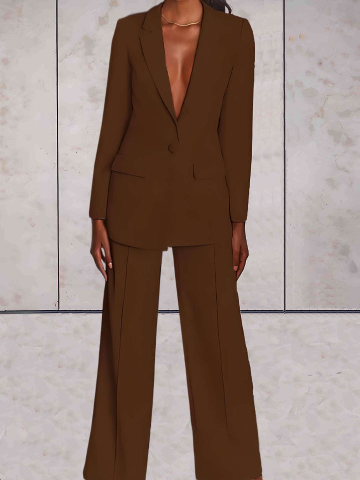 Trendy dames zakelijke set: stijlvolle blazer gecombineerd met wijde broek, ideaal voor een modieuze kantoorlook.