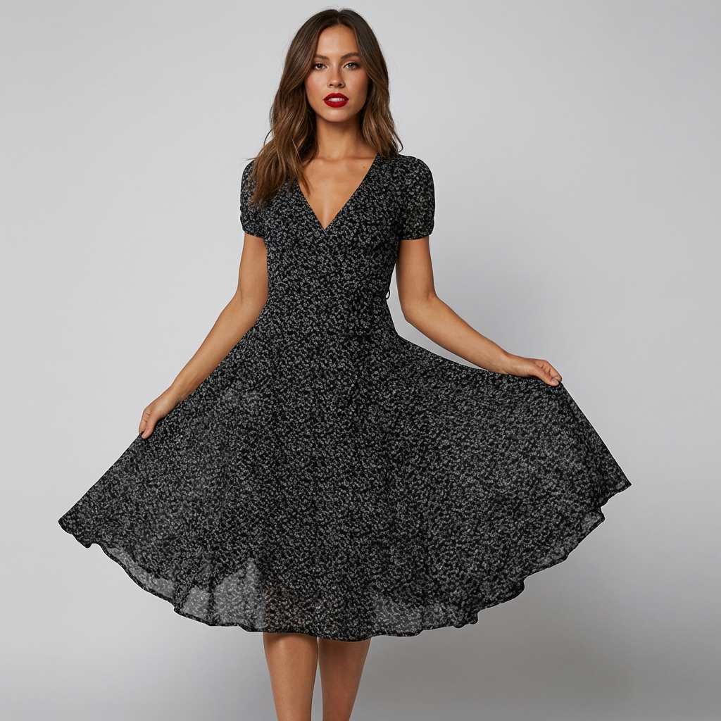 Elegante dames zomerjurk met diepe V-hals en flatterend A-lijn silhouet, perfect voor zonnige dagen.