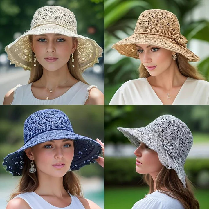 Elegante dames zonnehoed met brede rand in beige, roze of marineblauw. Perfecte zomer- en strandaccessoire.