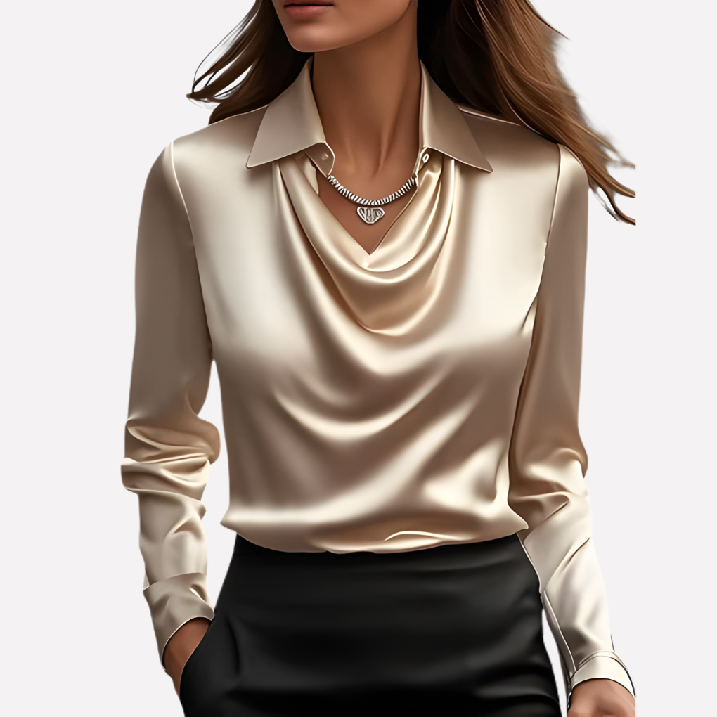 Dames blouse met gedrapeerde kraag, geschikt als zakelijke blouse of feestelijke top, lange mouwen.