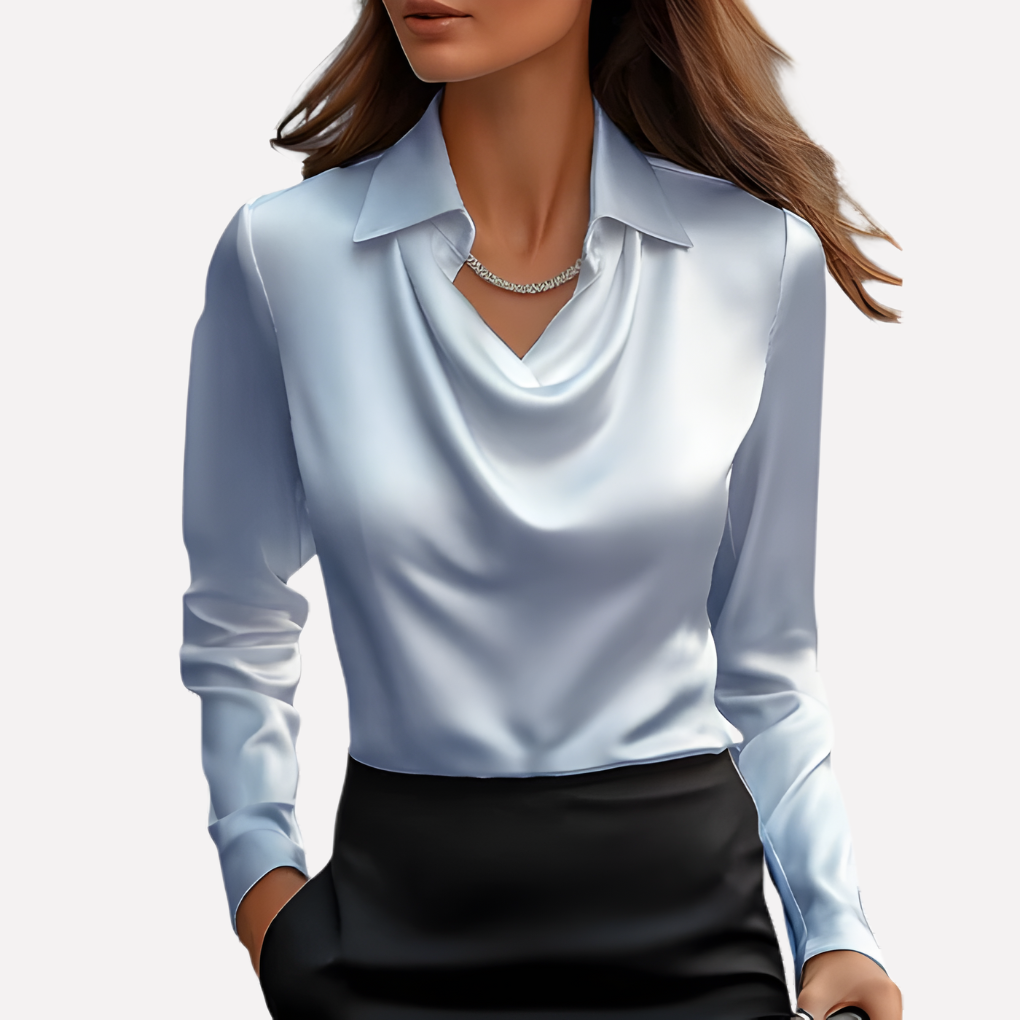 Moderne damesblouse met unieke gedrapeerde kraag, lange mouwen en elegante uitstraling. Casual chic top.