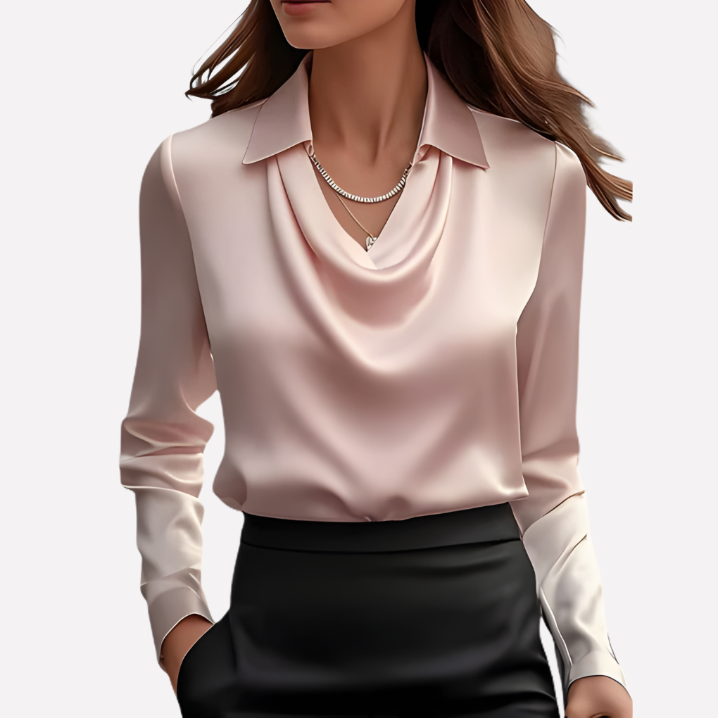 Effen damesblouse, gedrapeerde kraag, lange mouwen. Perfect voor een tijdloze, elegante en stijlvolle look.