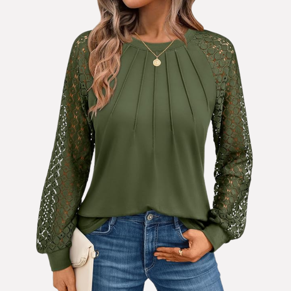 Veelzijdig dames shirt met plooibare lange mouwen en kant; perfect voor zakelijke of casual outfits.