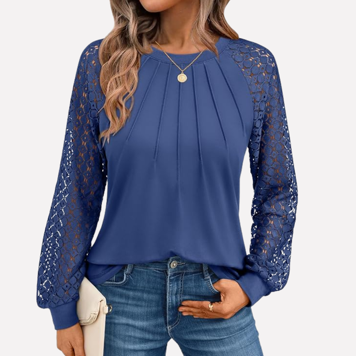 Dames lange-mouwen blouse met plooien en kanten accenten, in tijdloos groen, zwart en marineblauw.