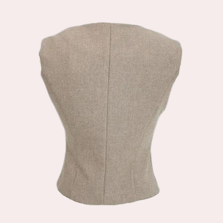 Elegante damesset met pantalon, gilet en blazer, stijlvol en professioneel in een veelzijdige khaki tint voor elke gelegenhei