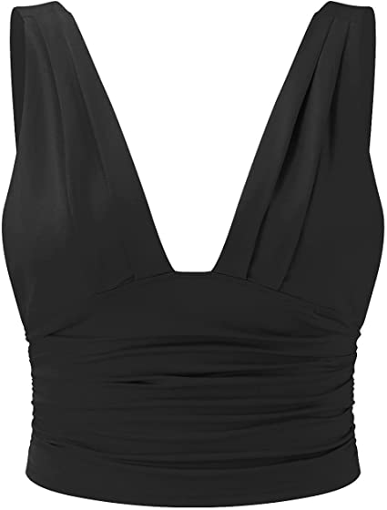 Zwarte mouwloze damestop met chique ruches en een flatterende V-hals. Perfect voor een elegante en strakke look.
