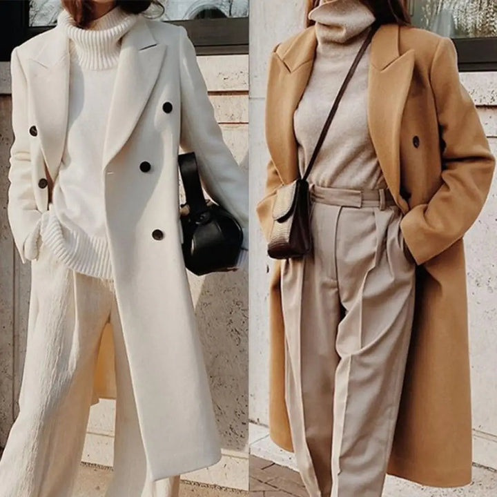 Stijlvolle dames double-breasted lange jas, een comfortabele mantel die elegantie toevoegt aan elke outfit.