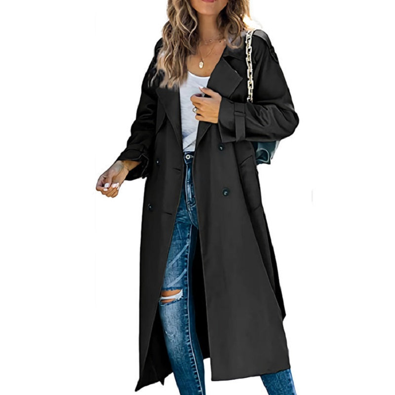Elegante double-breasted lange trenchcoat voor dames, ideaal als klassieke lentecoat of herfstjas.