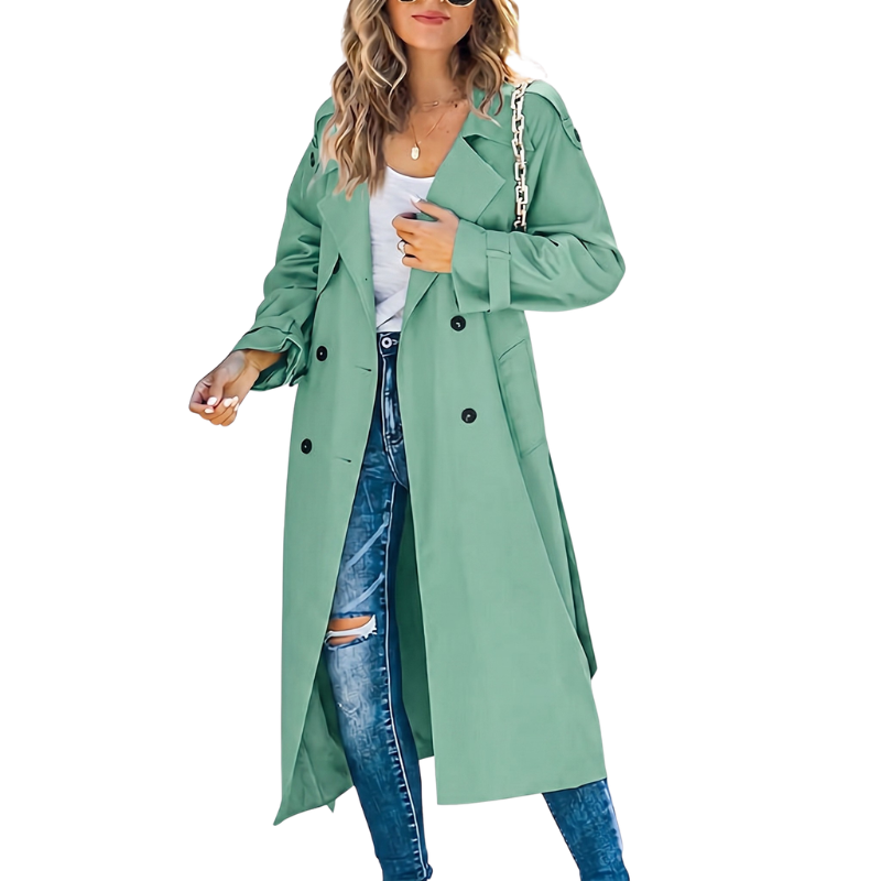 Dames double-breasted trenchcoat, lange elegante jas voor zakelijke kleding of stijlvolle bovenkleding.