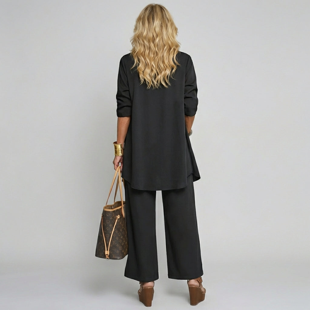 Comfy driedelige dames loungewear set; modieus broekpak met vest, top en broek.