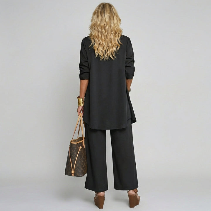 Comfy driedelige dames loungewear set; modieus broekpak met vest, top en broek.