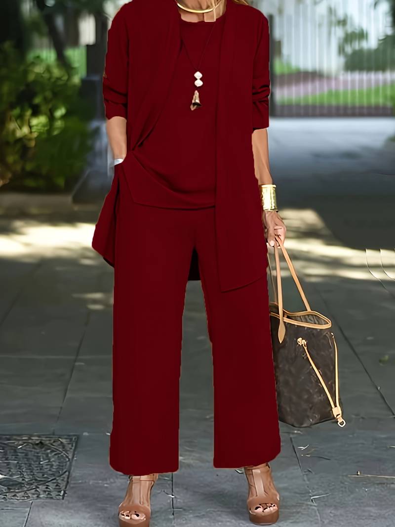 Casual chique driedelige damesset; elegant broekpak perfect voor vrijetijd of werk.