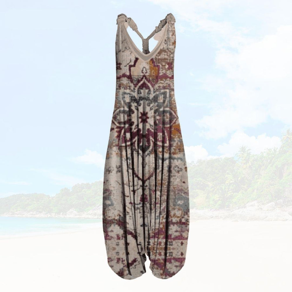 Comfortabele zomer jumpsuit voor dames, Elenya model met losse pasvorm en wijde pijpen. Perfect voor warme dagen.