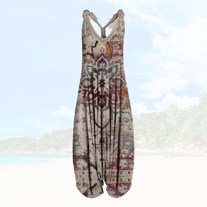 Comfortabele zomer jumpsuit voor dames, Elenya model met losse pasvorm en wijde pijpen. Perfect voor warme dagen.
