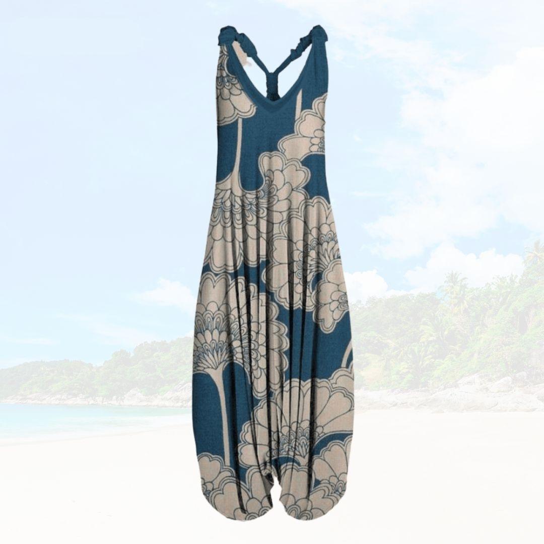 Luchtige Elenya zomer jumpsuit voor dames, met wijde pijpen en comfortabele losse pasvorm. Ideaal voor de zomer.