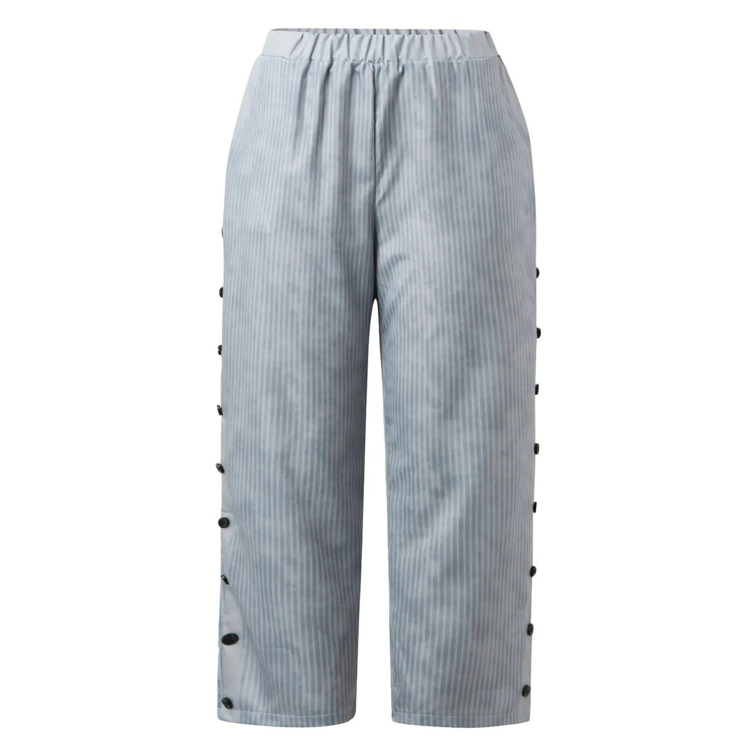 Damesmode: Gestreepte hoge taille broek met decoratieve knopen, Florence, ideaal voor een elegante outfit.
