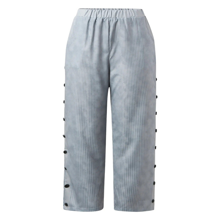 Damesmode: Gestreepte hoge taille broek met decoratieve knopen, Florence, ideaal voor een elegante outfit.