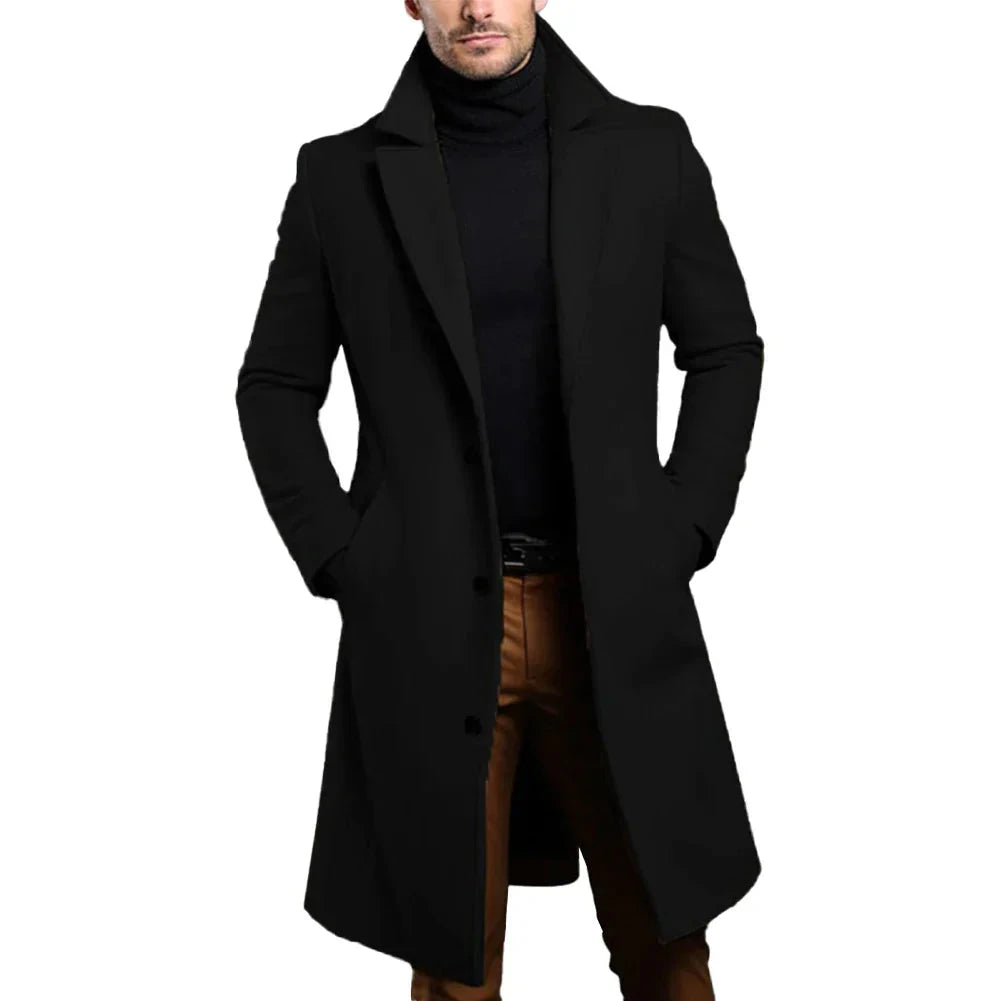 Donkergrijze heren winterjas, een warme overjas met elegante revers, ideaal voor de koude dagen.