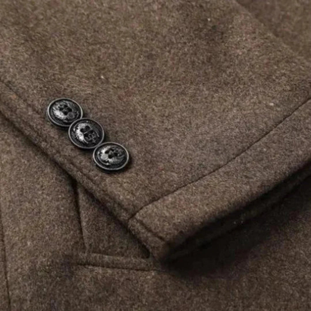 Chique heren winterjas met opstaande kraag, voor een verfijnde en warme uitstraling.