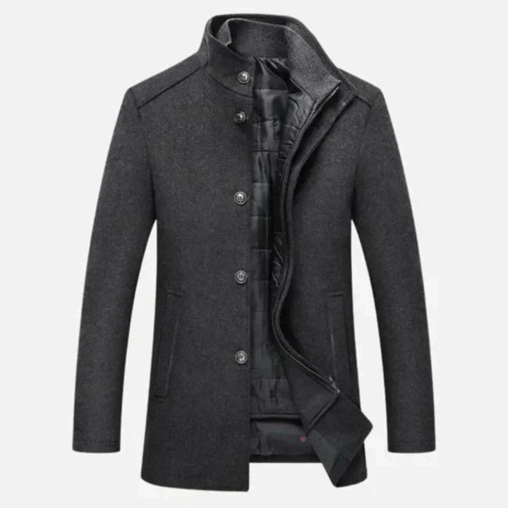 Lange heren overjas met opstaande kraag, een stijlvolle toevoeging aan elke garderobe.