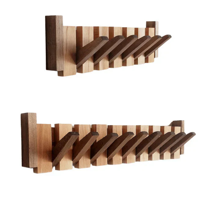 "Elegante houten kapstok met uniek pianotoetsdesign, walnoot- en beukenhout, ruimtebesparend met meerdere haken."