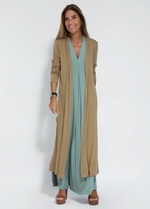 Turquoise jurk + vest in koffie
