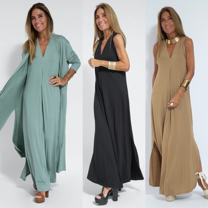 "Elegante Kate Set met lange jurk en stijlvolle weste, dameskleding, in diverse kleuren voor comfort en vrouwelijkheid."