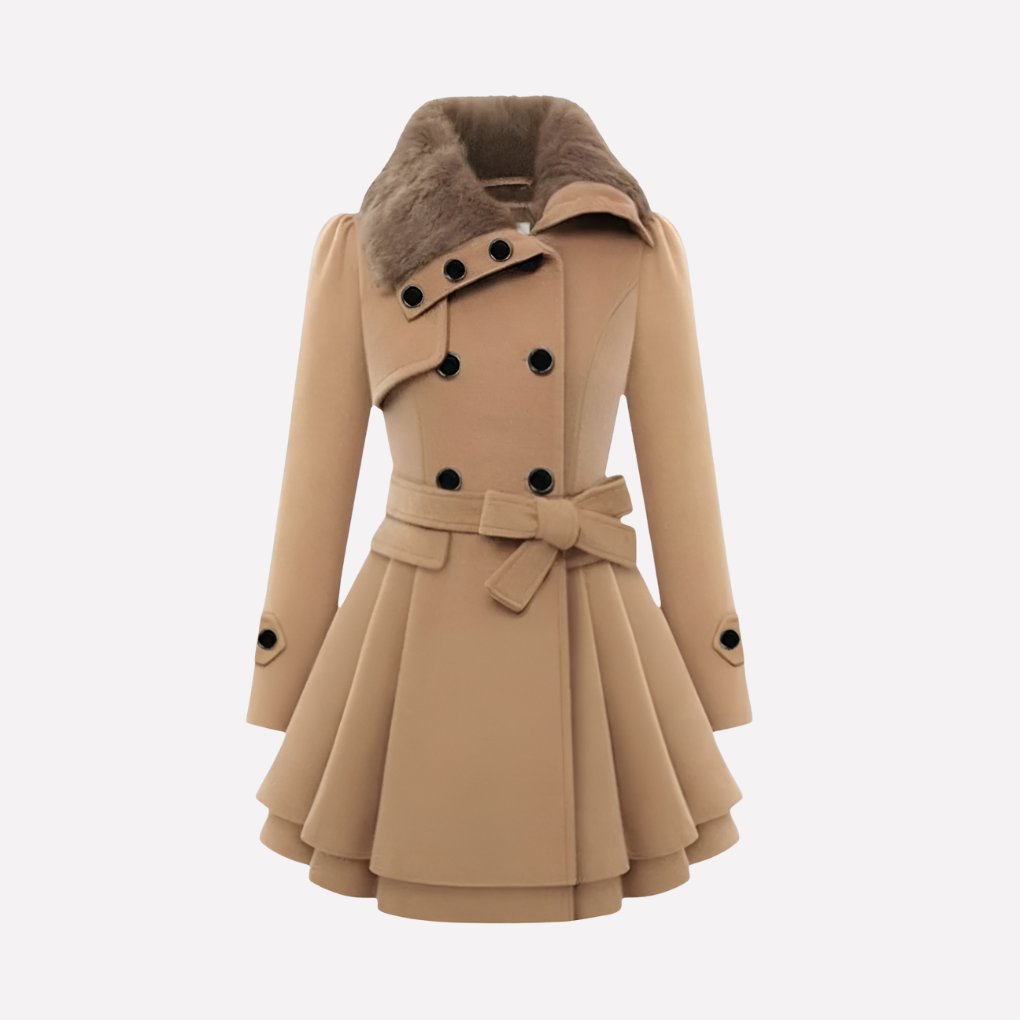 Elegante khaki dames winterjas met klassieke knoopsluiting en taille-riem, perfect voor stijlvolle warmte.
