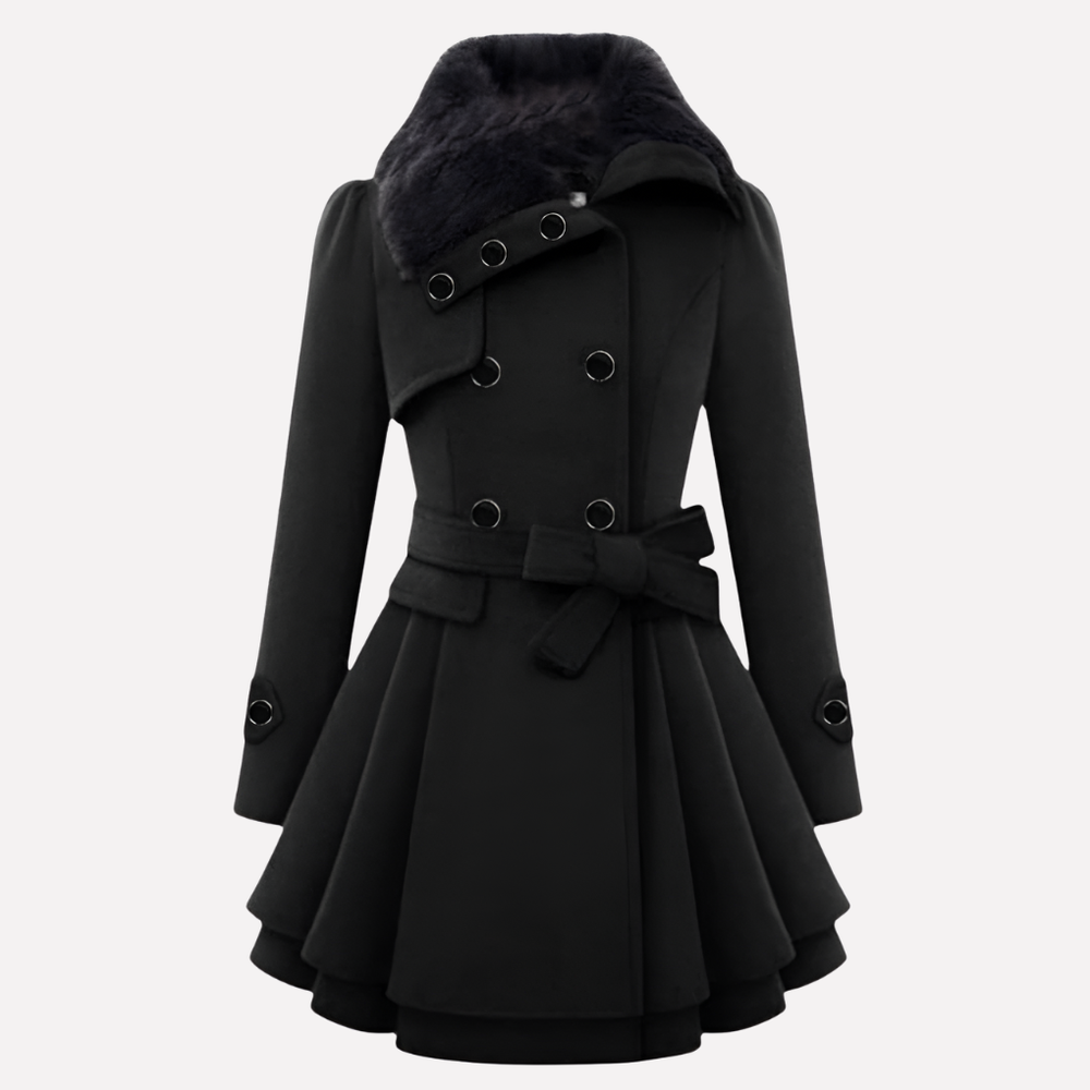 Zwarte dames winterjas, elegant en warm, met riem en knoopsluiting. Een modieuze klassieker voor koud weer.