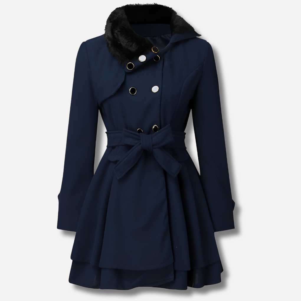 Stijlvolle blauwe dames winterjas met riem en knopen, voor een elegante look. Ideaal voor de wintermode.