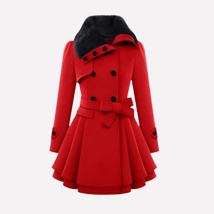 Luxe rode dames winterjas met elegante riem en knoopsluiting, een warme en modieuze keuze voor de winter.