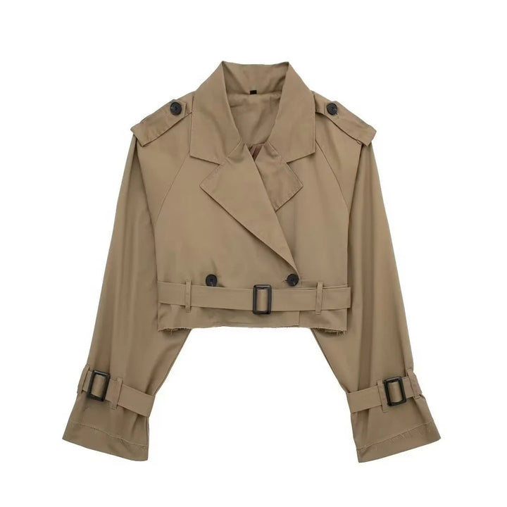 "Elegante korte trenchcoat met trendy snit in donkerbruin, geschikt voor elke gelegenheid in damesmode, comfortabel en stijlv
