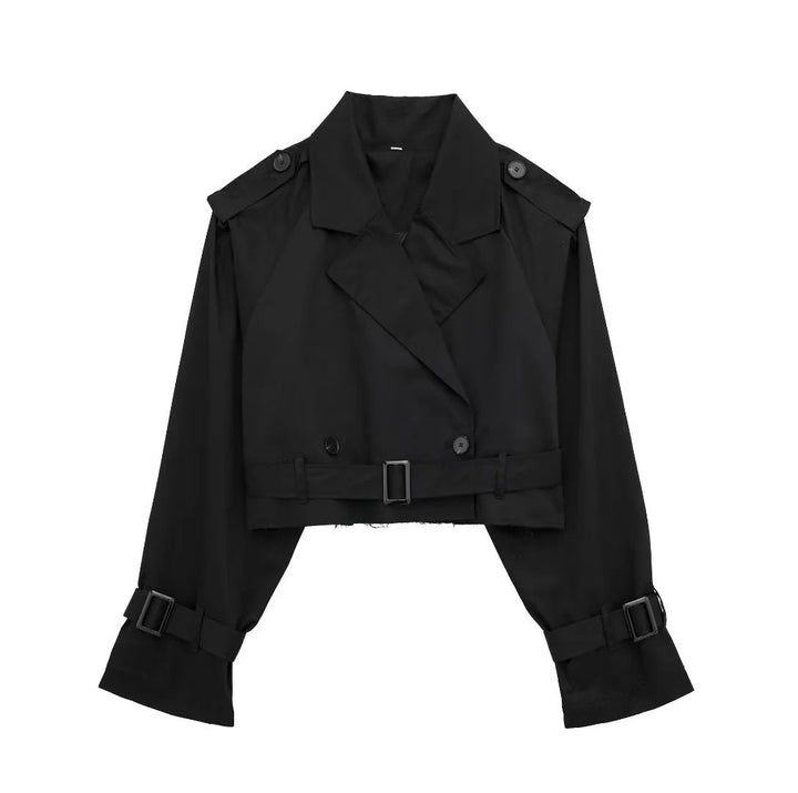 "Elegante korte trenchcoat met trendy snit in donkerbruin, geschikt voor elke gelegenheid in damesmode, comfortabel en stijlv