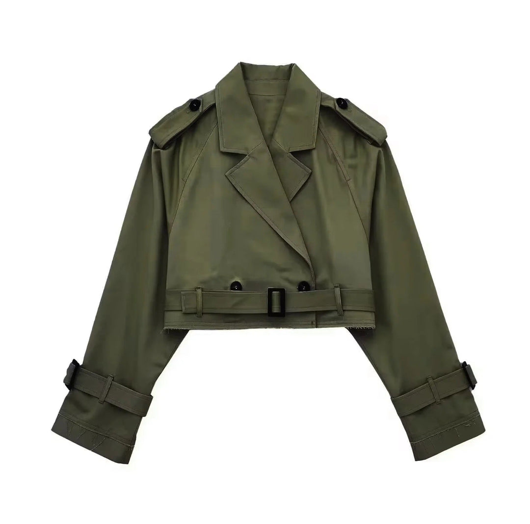 "Elegante korte trenchcoat met trendy snit in donkerbruin, geschikt voor elke gelegenheid in damesmode, comfortabel en stijlv