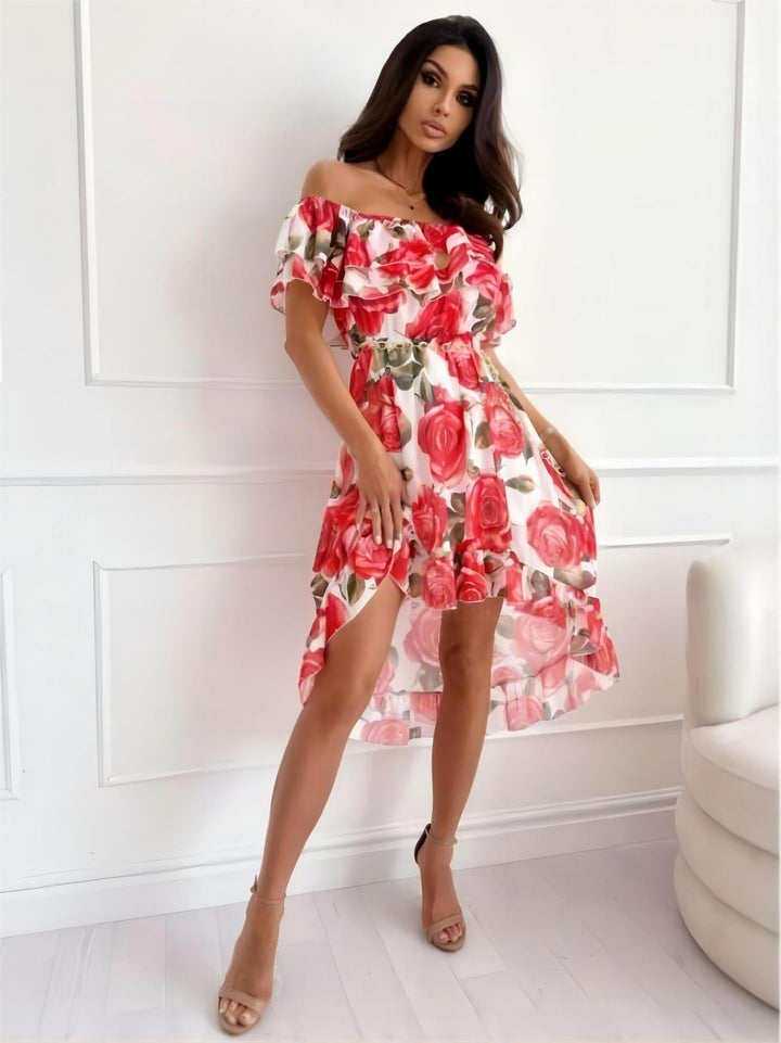 Elegante Lina off-shoulder mini-jurk met ruches, perfect als zomerjurk, strandjurk of feestjurk.